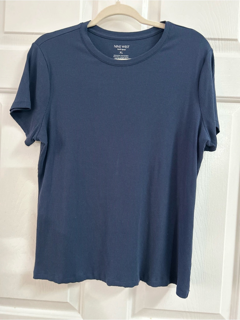 Nine West Blue Ribbed Short-Sleeve Crew Tee